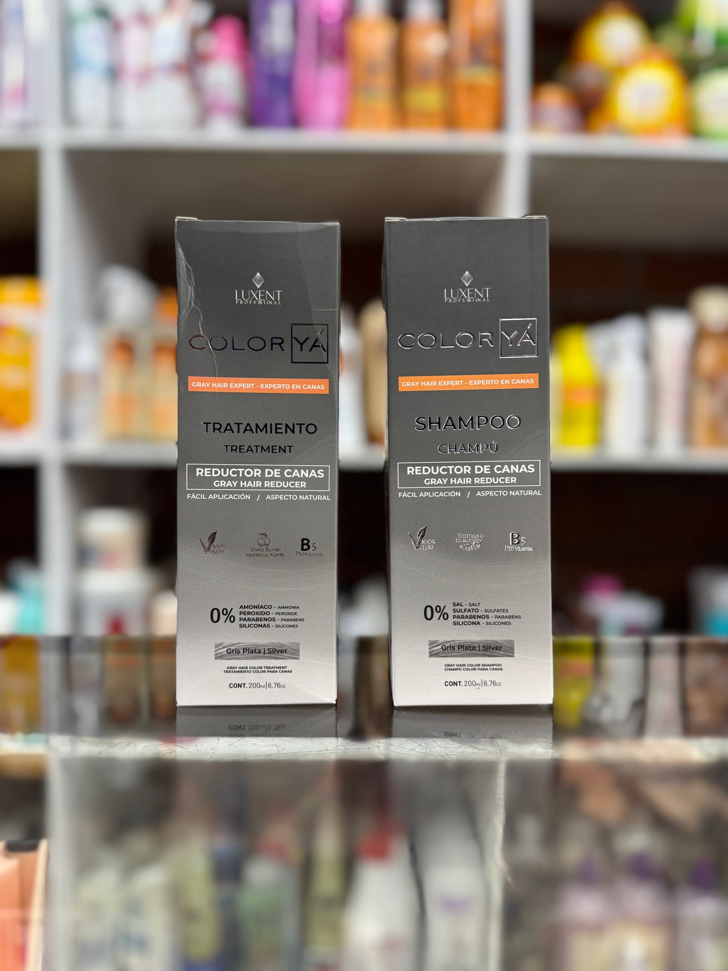 Kit shampoo y tratamiento reductor de canas color ya luxent