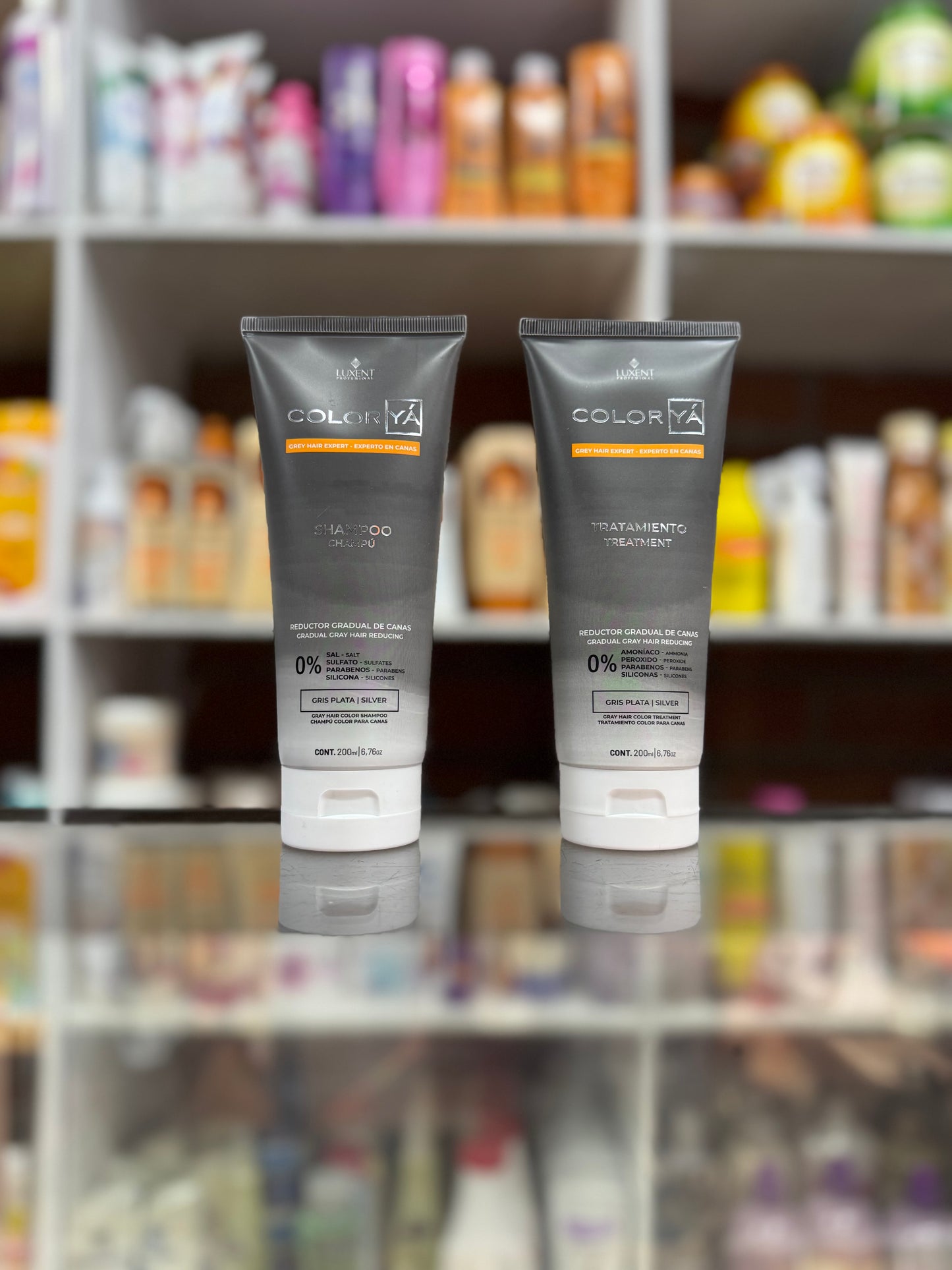 Kit shampoo y tratamiento reductor de canas color ya luxent